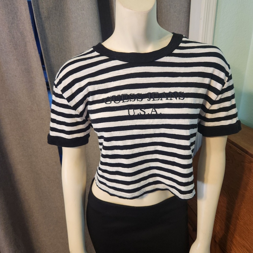 Guess Los Angeles Black And White‎ Striped Crop Top Embroidered Sz M ASAP Rocky